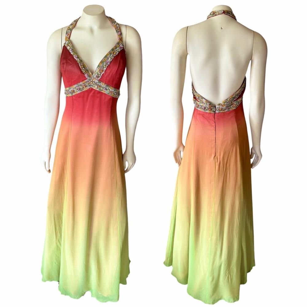Riva Designs Vintage Gown Dress Size 16 Ombre Rainbow Halter Beaded Maxi Y2K
